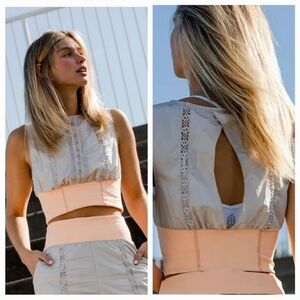 FP Movement by Free People Two-Tone Lace Trim Cropped Tank in Cream and Peach
